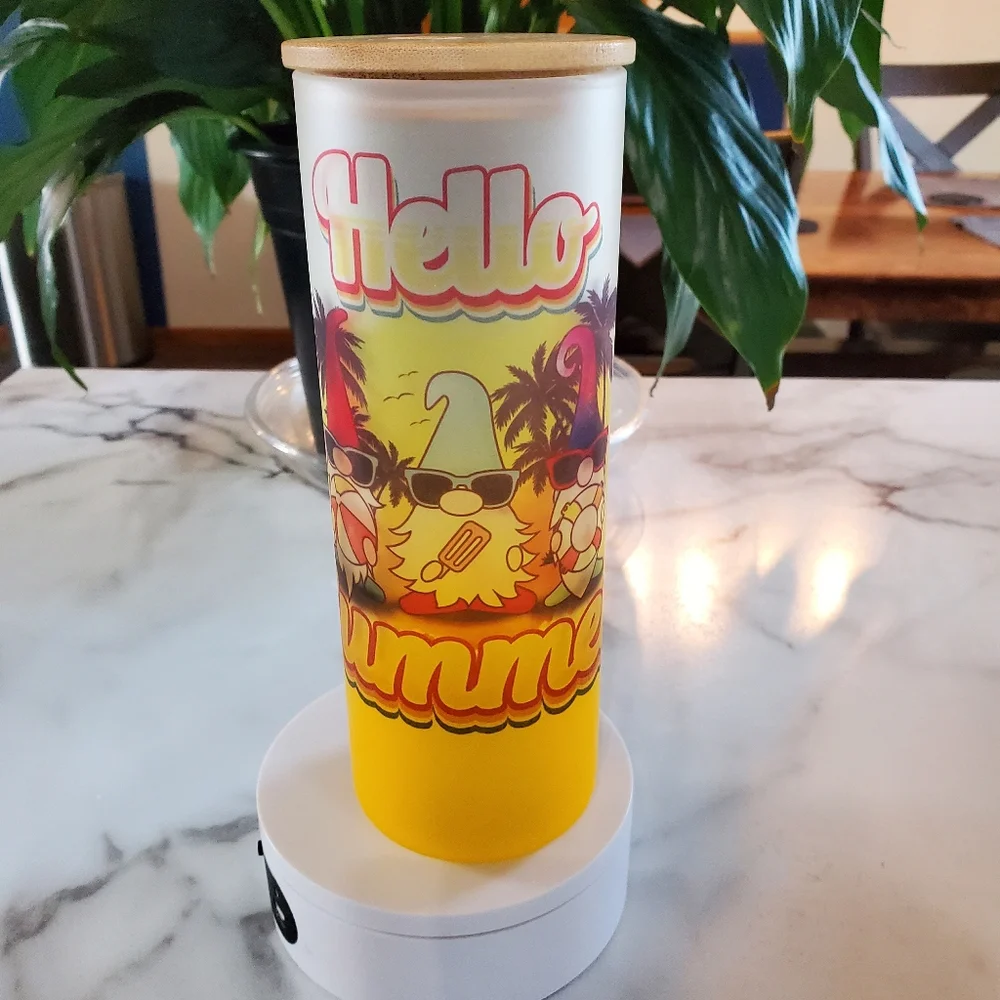 HELLO SUMMER Gnomes 20oz Gradient Yellow Glass Tumbler with duo lids 🎉sale